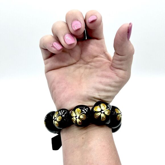 Handpainted Hawaiian Kukui Nut Stretch Bracelet Yellow Hibiscus‎ - Picture 6 of 7
